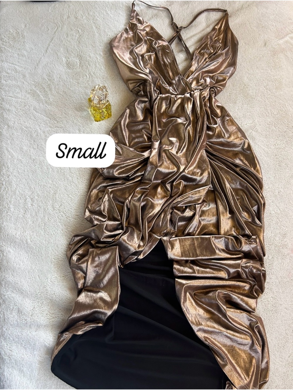 Metallic Bronze Evening Dress with Draped Detail